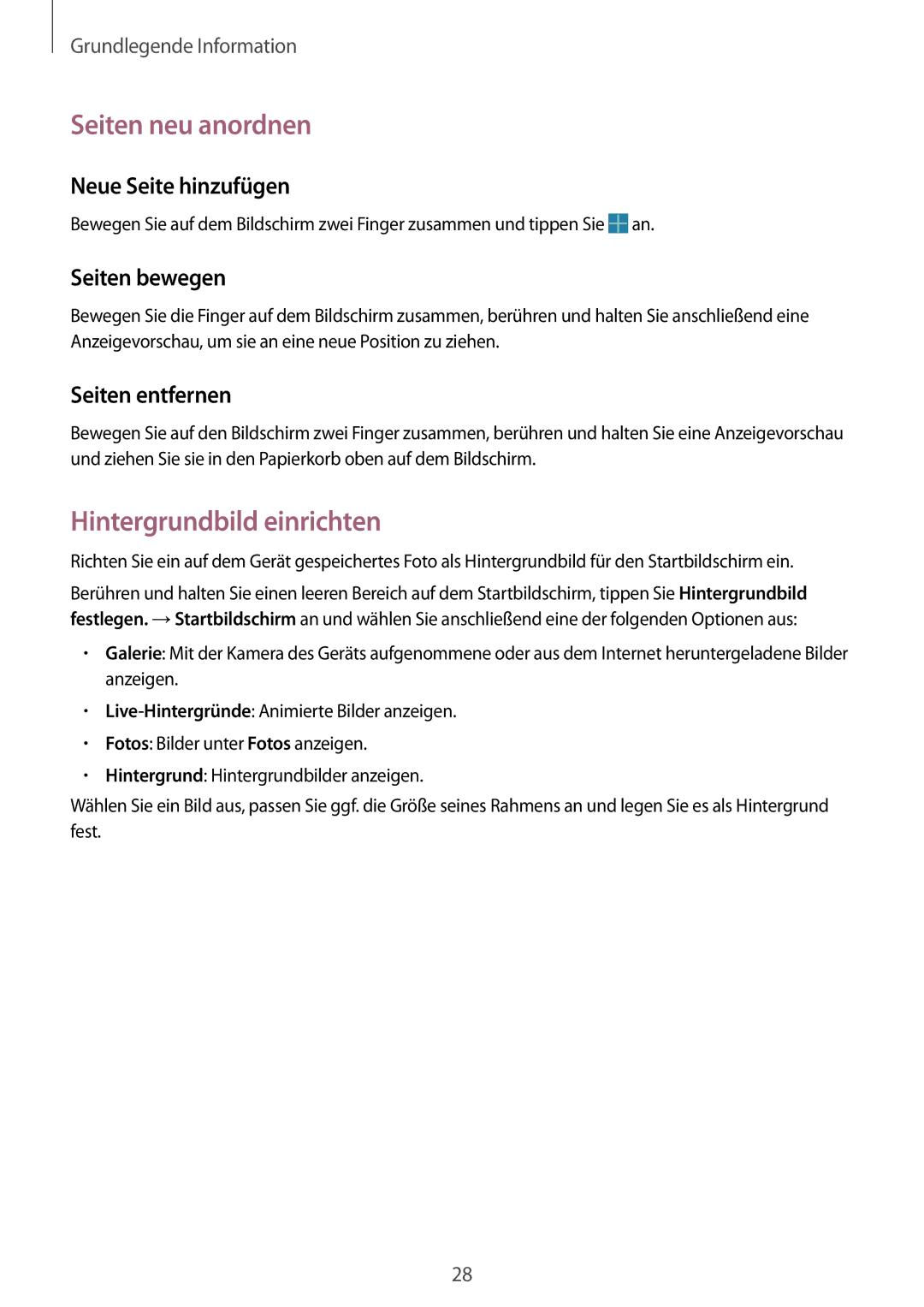 Samsung SM-T330NZWADBT manual Seiten neu anordnen, Hintergrundbild einrichten, Neue Seite hinzufügen, Seiten bewegen 