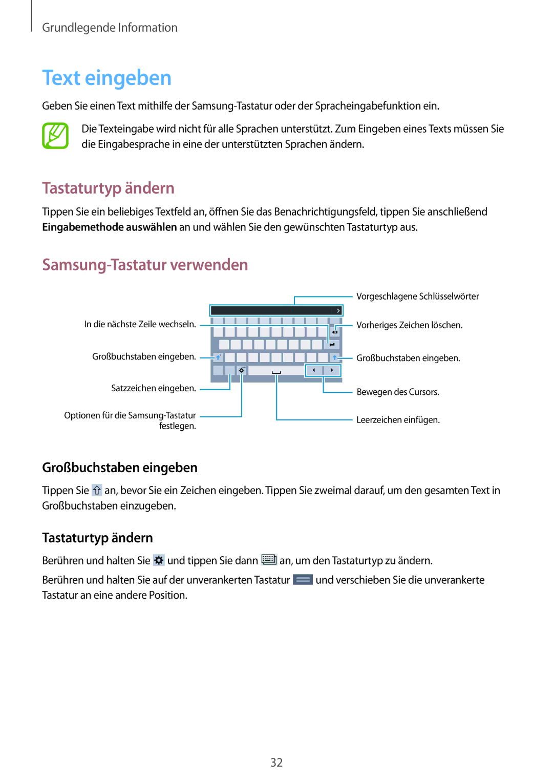 Samsung SM-T330NYKATUR, SM-T330NZWATPH, SM-T330NYKADBT manual Text eingeben, Tastaturtyp ändern, Großbuchstaben eingeben 