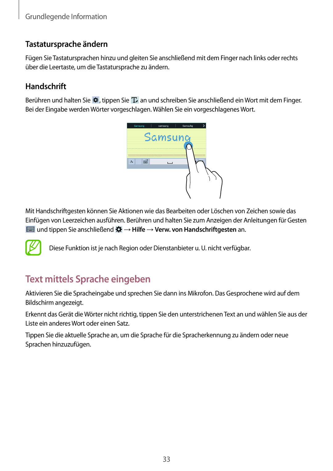 Samsung SM-T330NZWADBT, SM-T330NZWATPH, SM-T330NYKADBT Text mittels Sprache eingeben, Tastatursprache ändern, Handschrift 