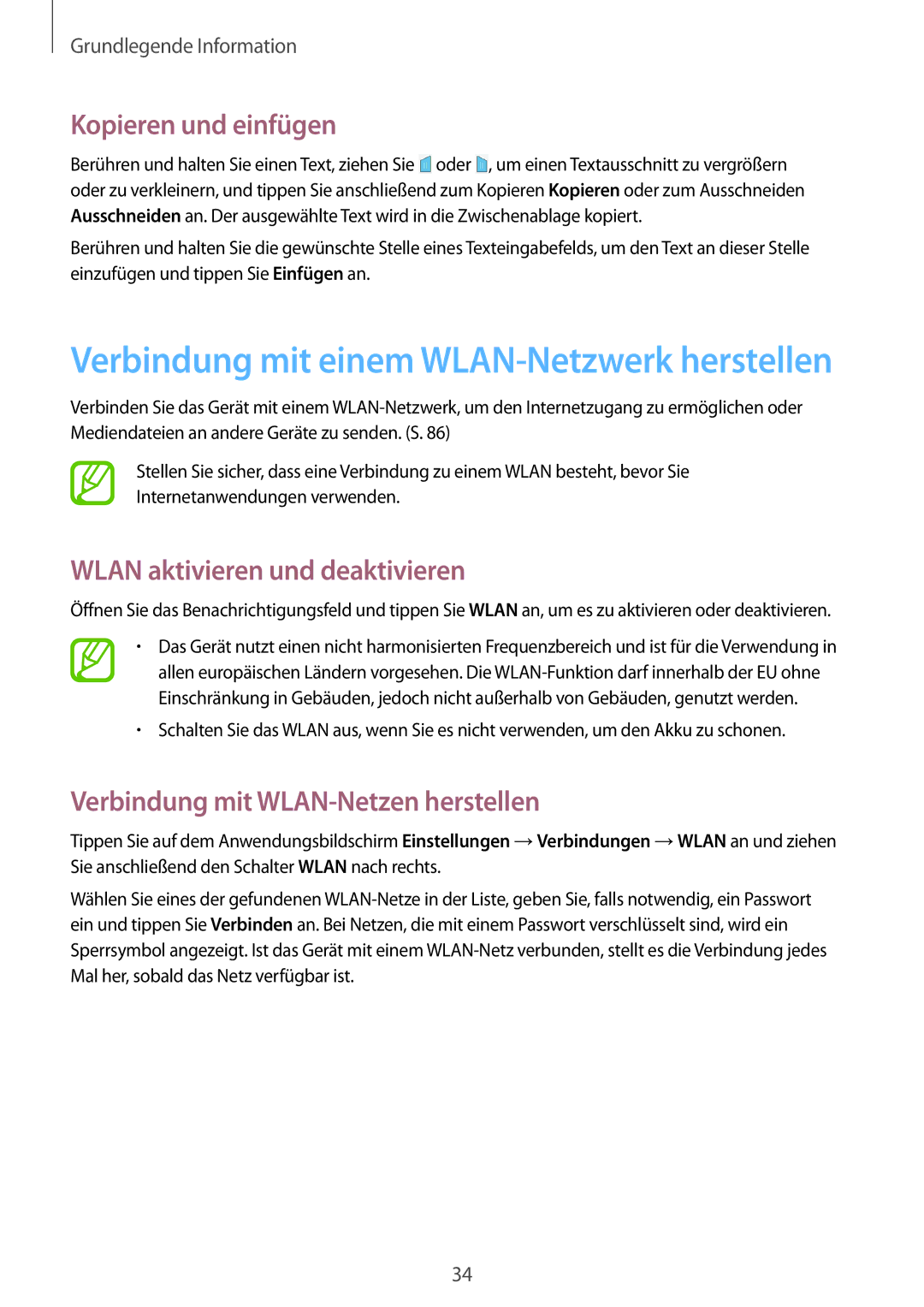 Samsung SM-T330NZWATUR Kopieren und einfügen, Wlan aktivieren und deaktivieren, Verbindung mit WLAN-Netzen herstellen 