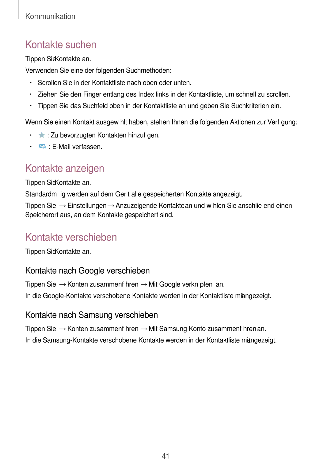 Samsung SM-T330NYKADBT manual Kontakte suchen, Kontakte anzeigen, Kontakte verschieben, Kontakte nach Google verschieben 