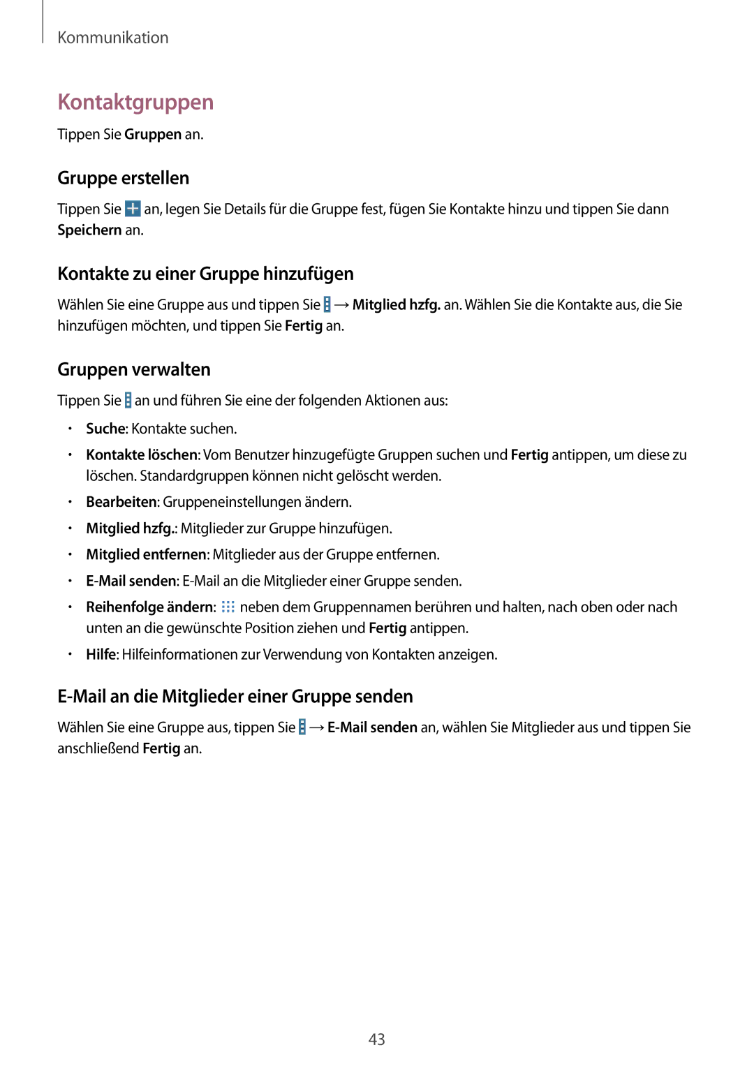 Samsung SM-T330NZWADBT manual Kontaktgruppen, Gruppe erstellen, Kontakte zu einer Gruppe hinzufügen, Gruppen verwalten 