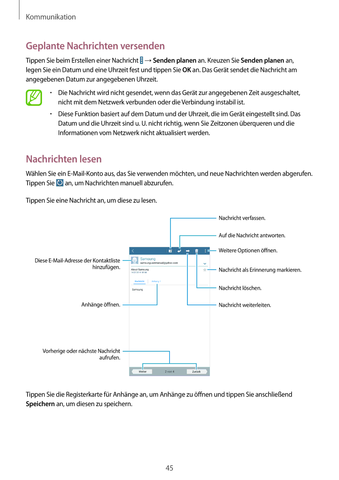 Samsung SM-T330NZWATPH, SM-T330NYKADBT, SM-T330NYKATUR, SM-T330NZWADBT Geplante Nachrichten versenden, Nachrichten lesen 
