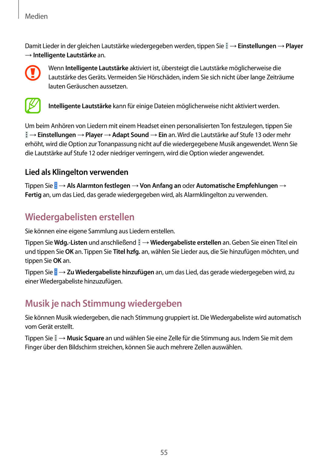 Samsung SM-T330NZWATPH manual Wiedergabelisten erstellen, Musik je nach Stimmung wiedergeben, Lied als Klingelton verwenden 