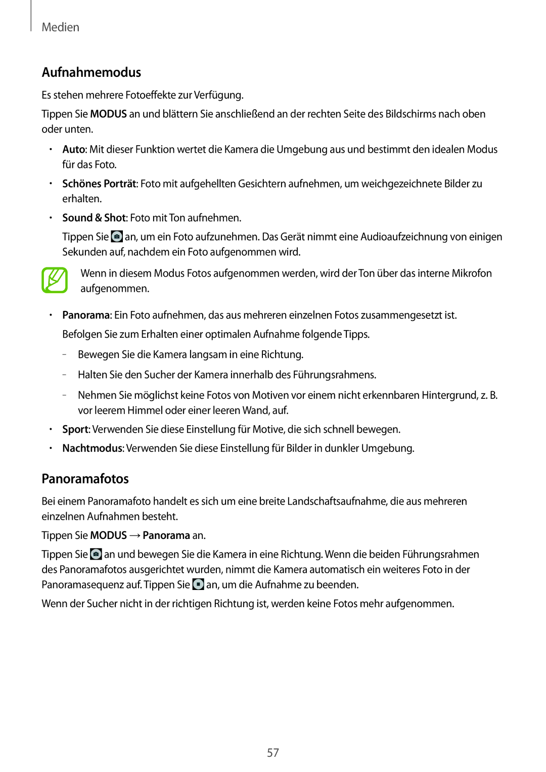 Samsung SM-T330NYKATUR, SM-T330NZWATPH, SM-T330NYKADBT, SM-T330NZWADBT, SM-T330NZWATUR manual Aufnahmemodus, Panoramafotos 