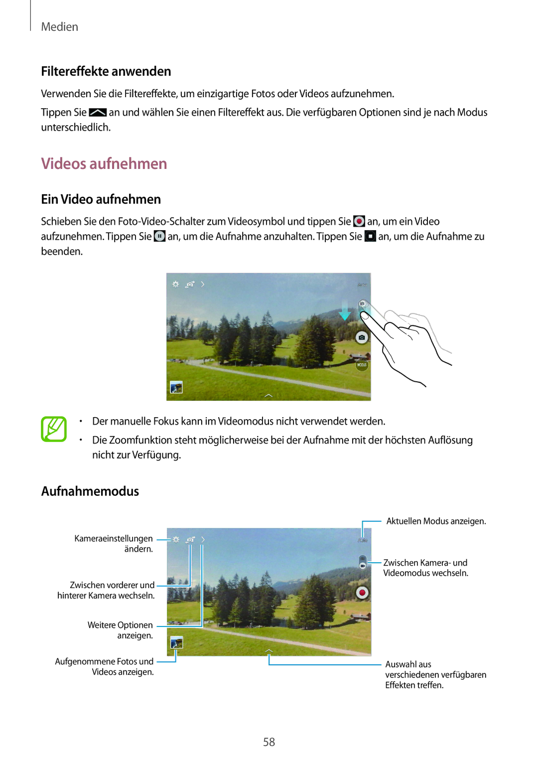 Samsung SM-T330NZWADBT, SM-T330NZWATPH, SM-T330NYKADBT manual Videos aufnehmen, Filtereffekte anwenden, Ein Video aufnehmen 