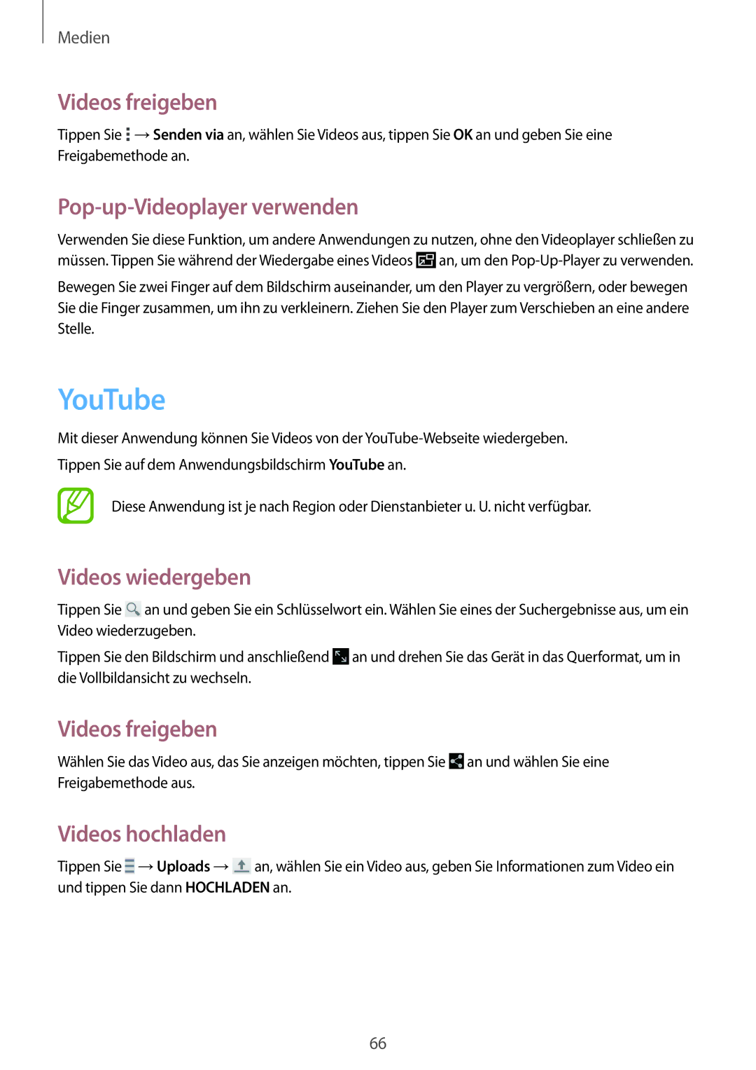 Samsung SM-T330NYKADBT, SM-T330NZWATPH manual YouTube, Videos freigeben, Pop-up-Videoplayer verwenden, Videos hochladen 