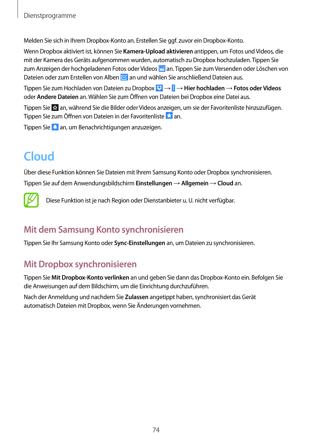 Samsung SM-T330NZWATUR, SM-T330NZWATPH manual Cloud, Mit dem Samsung Konto synchronisieren, Mit Dropbox synchronisieren 