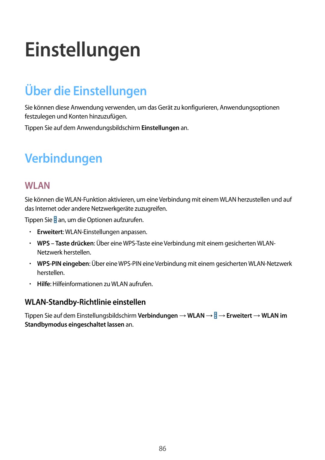 Samsung SM-T330NYKADBT, SM-T330NZWATPH manual Über die Einstellungen, Verbindungen, WLAN-Standby-Richtlinie einstellen 