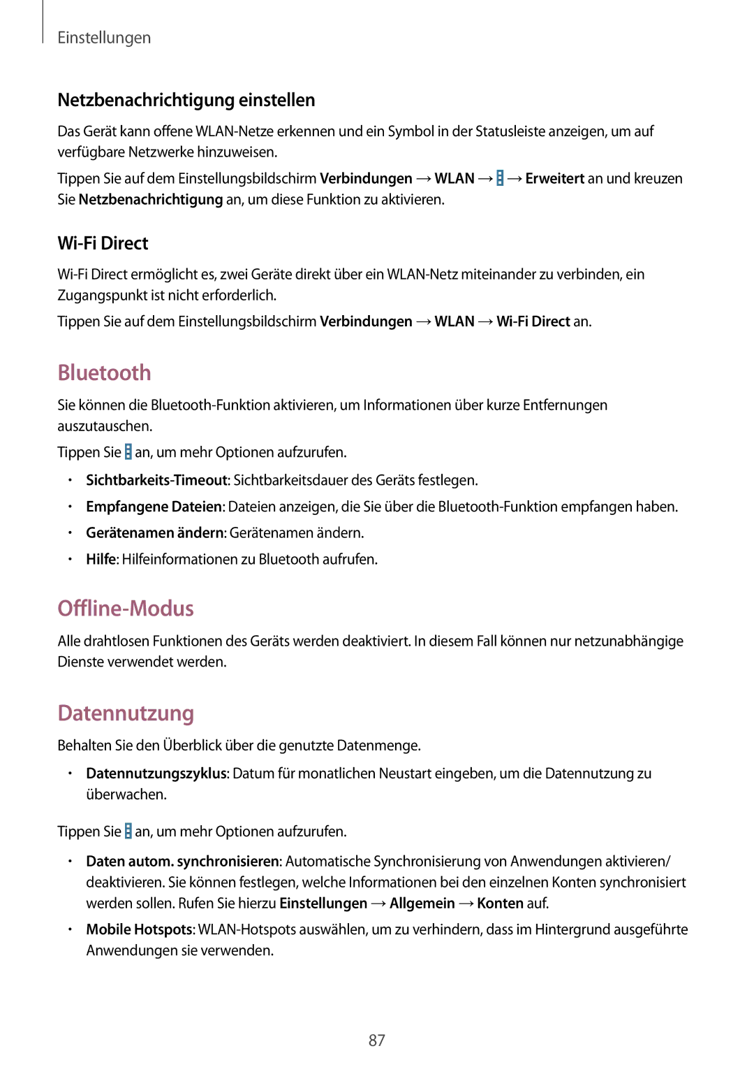 Samsung SM-T330NYKATUR manual Bluetooth, Offline-Modus, Datennutzung, Netzbenachrichtigung einstellen, Wi-Fi Direct 