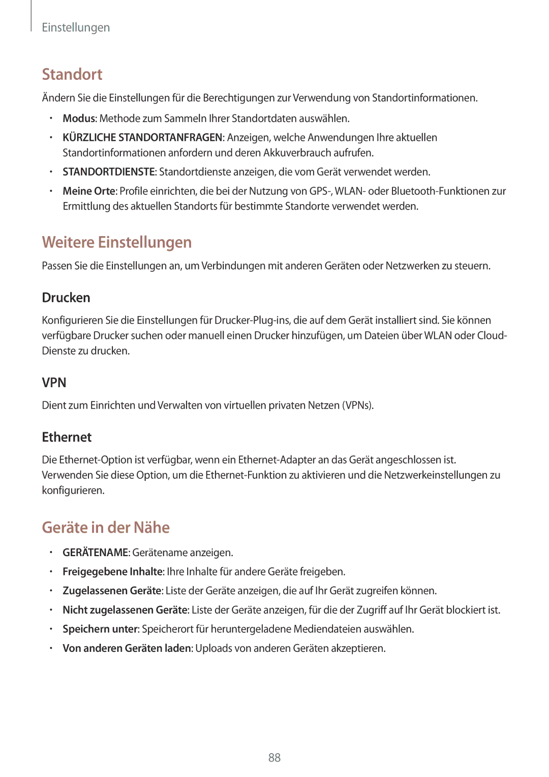 Samsung SM-T330NZWADBT, SM-T330NZWATPH manual Standort, Weitere Einstellungen, Geräte in der Nähe, Drucken, Ethernet 