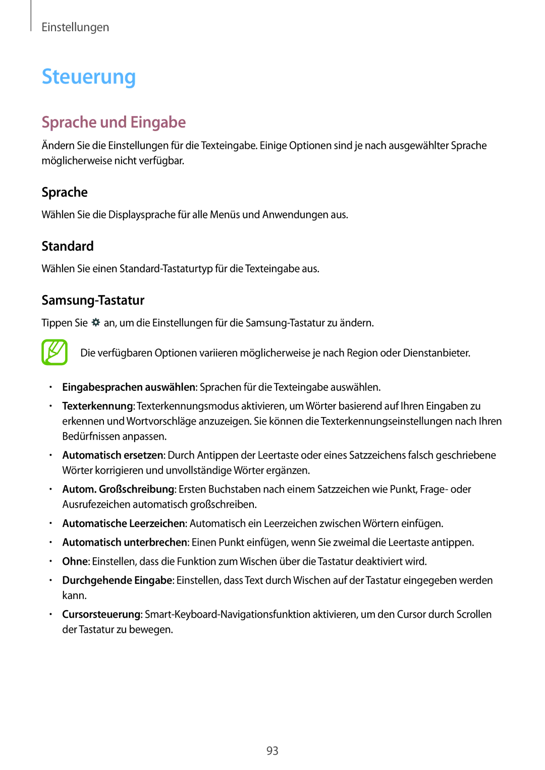 Samsung SM-T330NZWADBT, SM-T330NZWATPH, SM-T330NYKADBT manual Steuerung, Sprache und Eingabe, Standard, Samsung-Tastatur 