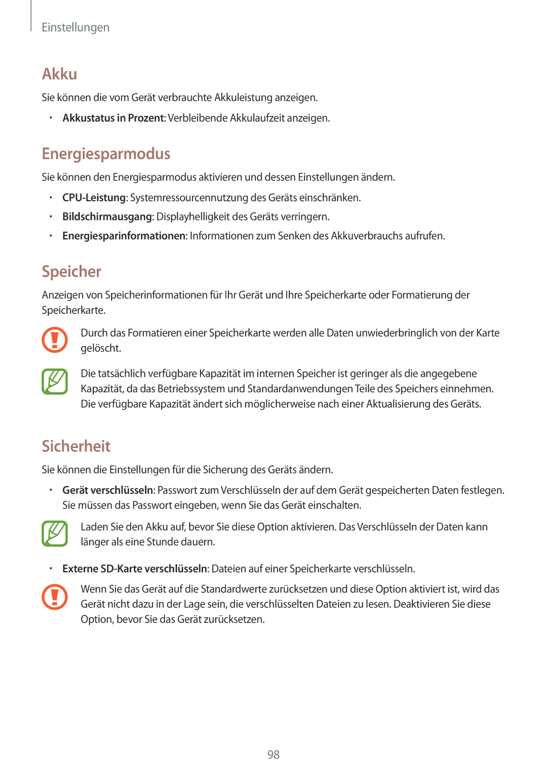Samsung SM-T330NZWADBT, SM-T330NZWATPH, SM-T330NYKADBT, SM-T330NYKATUR manual Akku, Energiesparmodus, Speicher, Sicherheit 