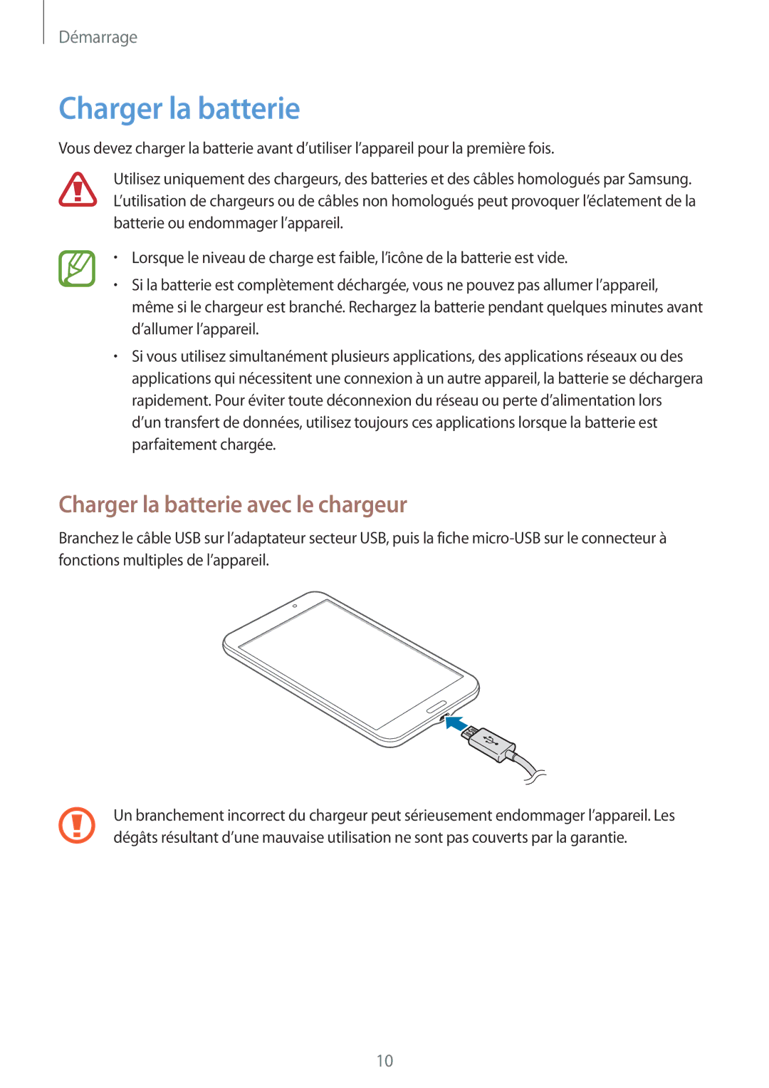 Samsung SM-T330NZWAXEF manual Charger la batterie avec le chargeur 