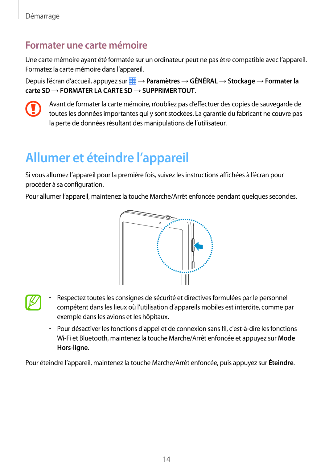 Samsung SM-T330NZWAXEF manual Allumer et éteindre l’appareil, Formater une carte mémoire 