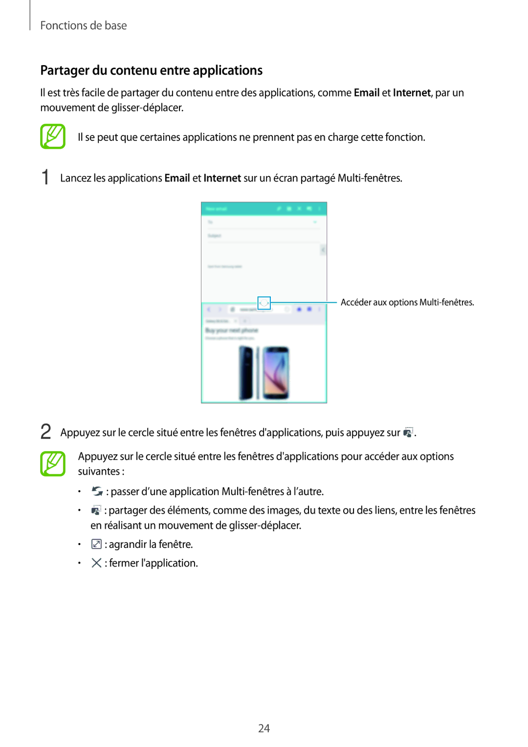 Samsung SM-T330NZWAXEF manual Partager du contenu entre applications 