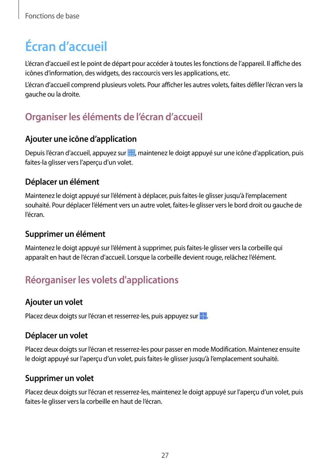 Samsung SM-T330NZWAXEF Écran d’accueil, Organiser les éléments de l’écran d’accueil, Réorganiser les volets dapplications 