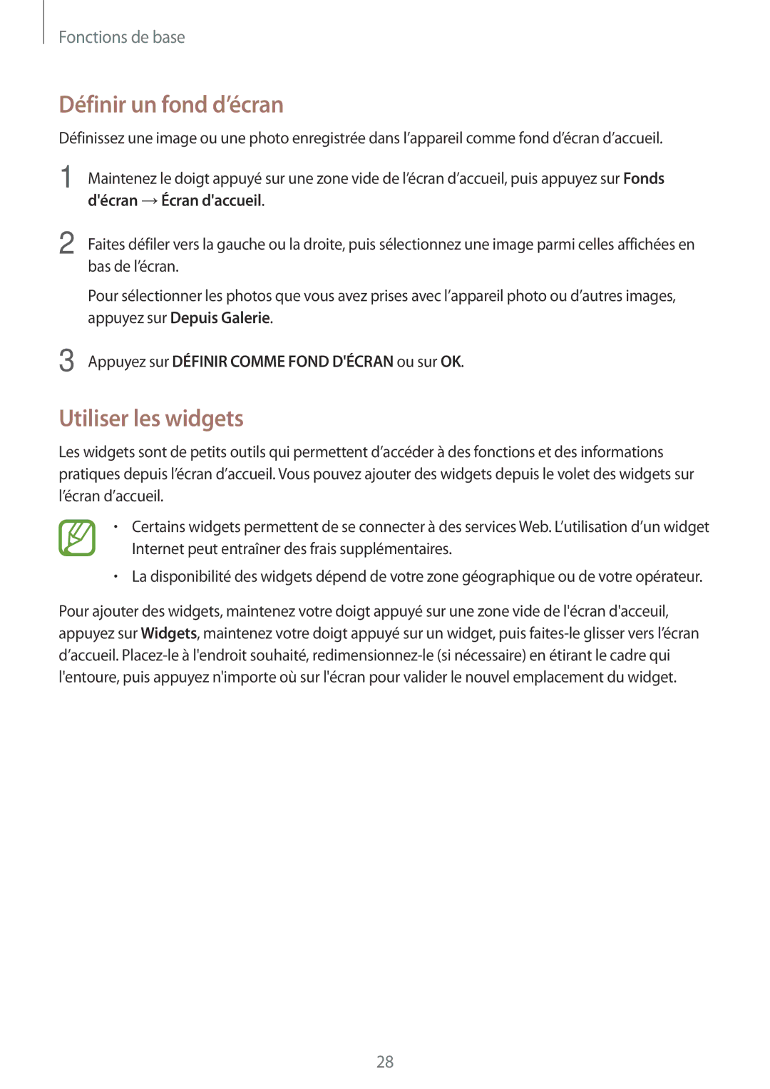 Samsung SM-T330NZWAXEF manual Définir un fond d’écran, Utiliser les widgets 