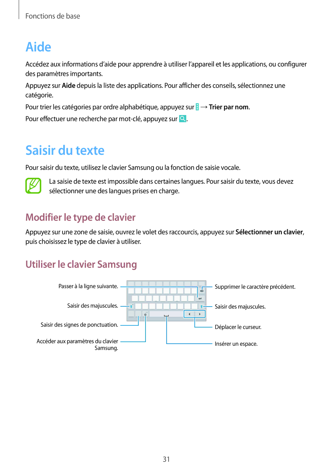 Samsung SM-T330NZWAXEF manual Aide, Saisir du texte, Modifier le type de clavier, Utiliser le clavier Samsung 