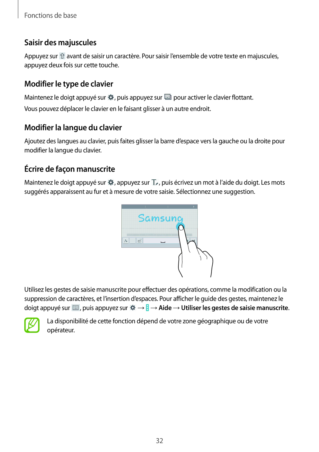 Samsung SM-T330NZWAXEF manual Saisir des majuscules, Modifier le type de clavier, Modifier la langue du clavier 