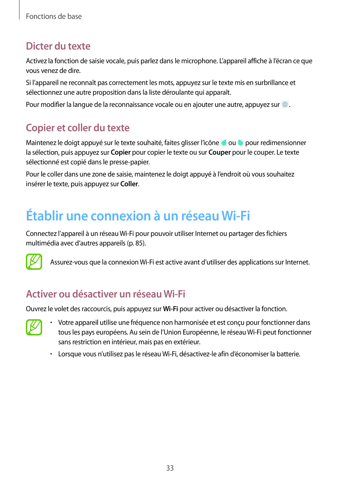 Samsung SM-T330NZWAXEF manual Établir une connexion à un réseau Wi-Fi, Dicter du texte, Copier et coller du texte 