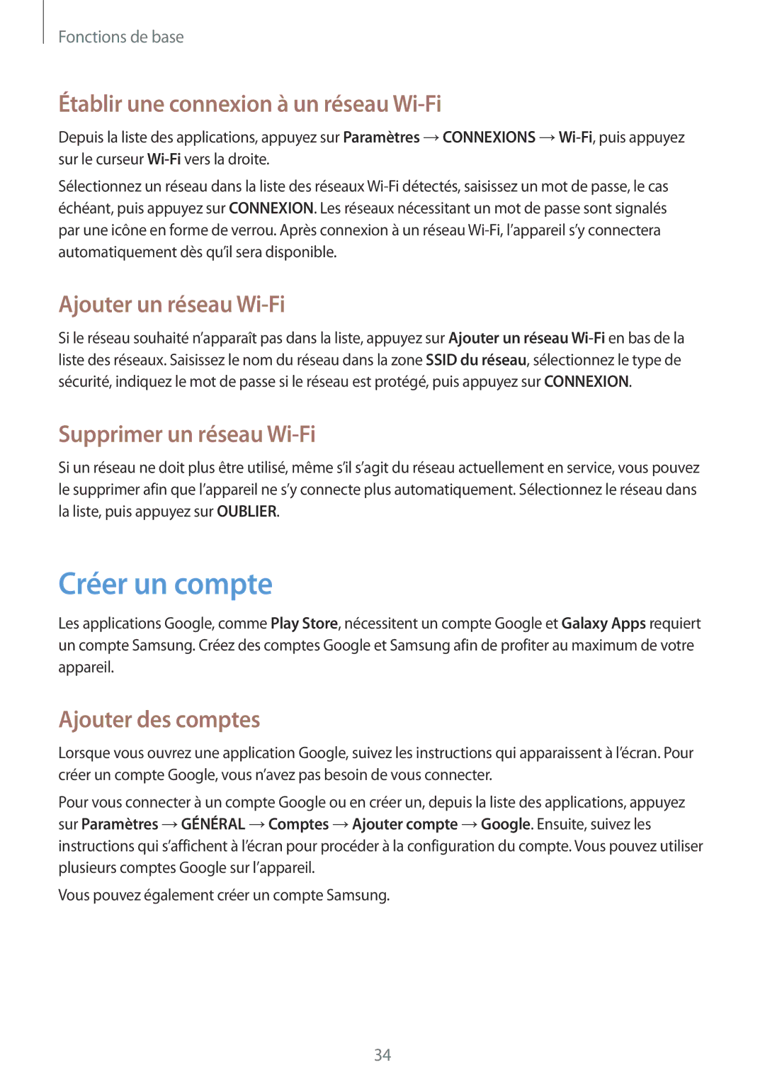 Samsung SM-T330NZWAXEF manual Créer un compte, Établir une connexion à un réseau Wi-Fi, Ajouter un réseau Wi-Fi 