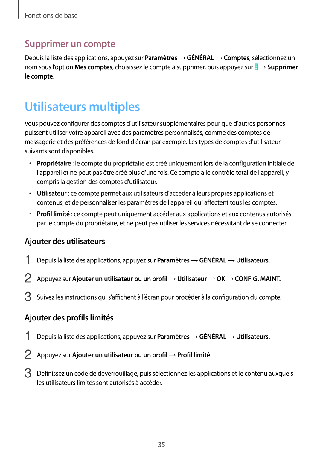 Samsung SM-T330NZWAXEF Utilisateurs multiples, Supprimer un compte, Ajouter des utilisateurs, Ajouter des profils limités 