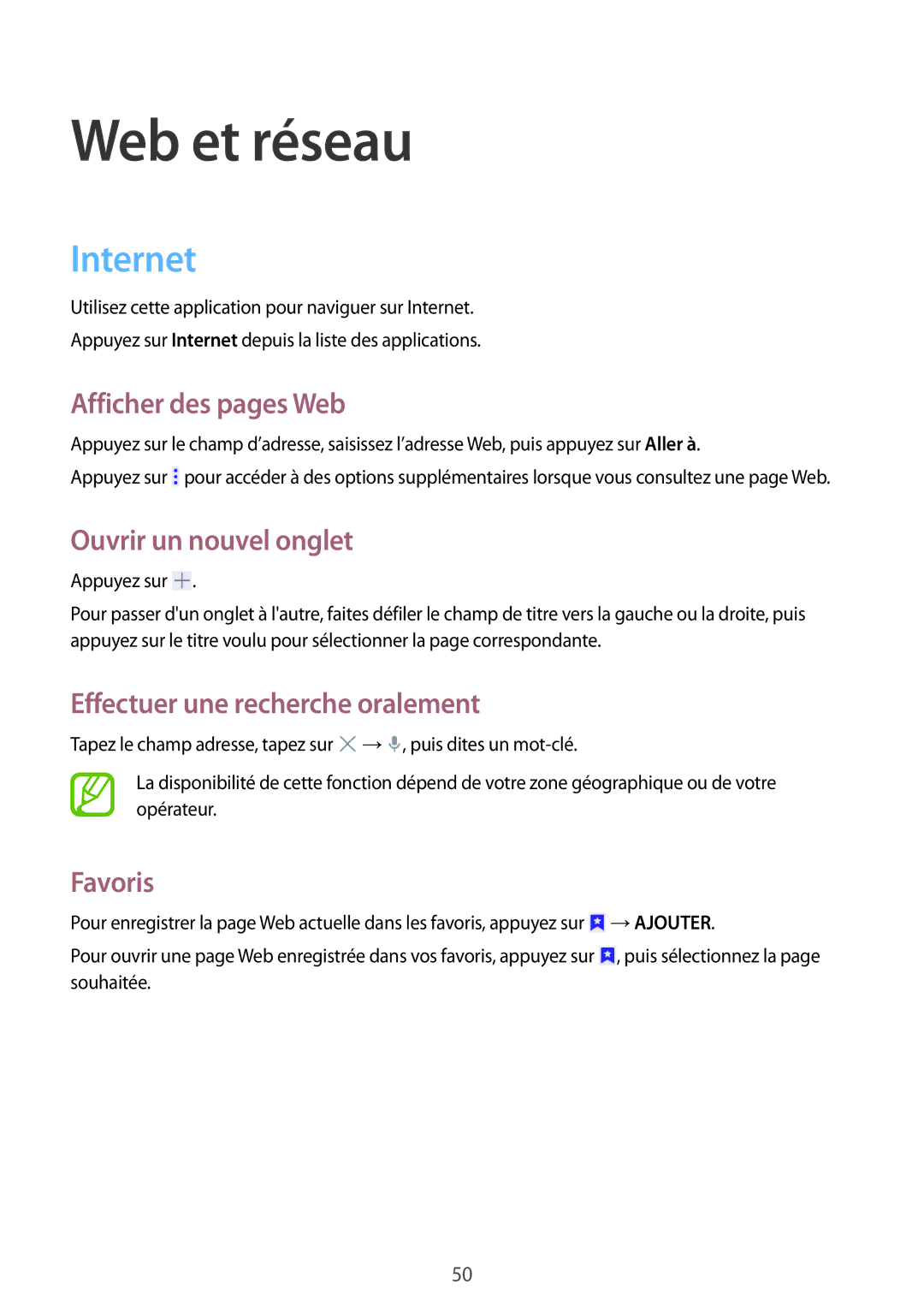 Samsung SM-T330NZWAXEF manual Web et réseau, Internet 