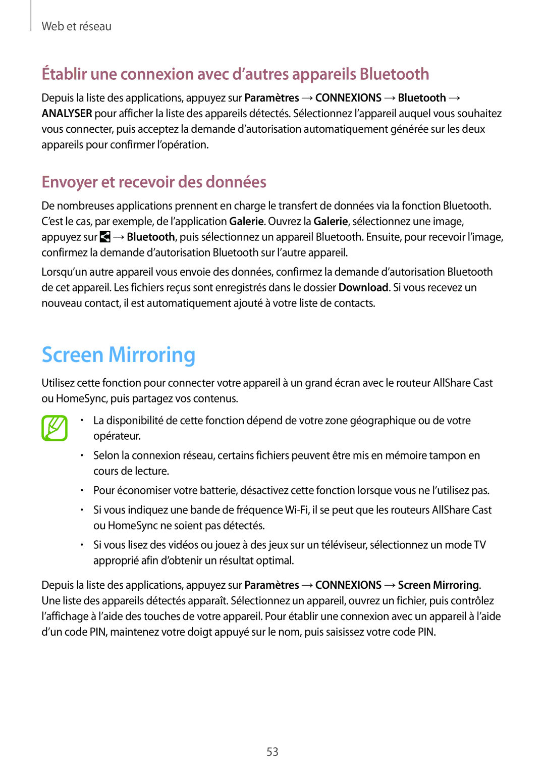 Samsung SM-T330NZWAXEF manual Screen Mirroring, Établir une connexion avec d’autres appareils Bluetooth 