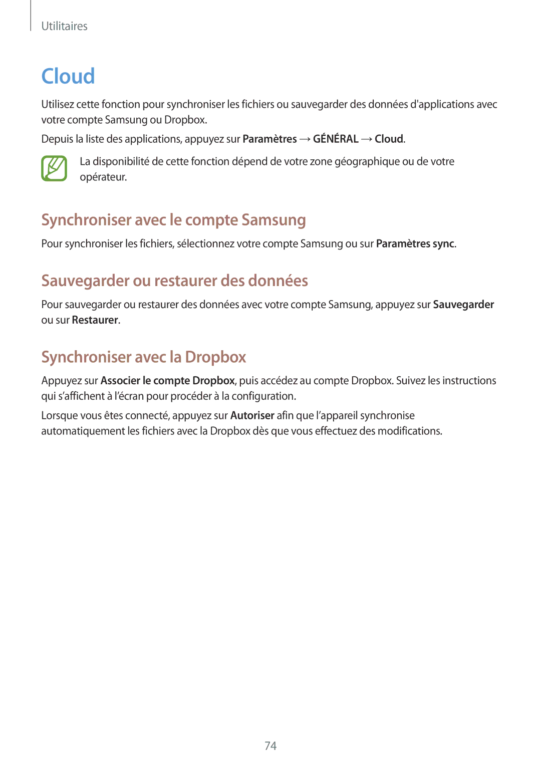 Samsung SM-T330NZWAXEF manual Cloud, Synchroniser avec le compte Samsung, Sauvegarder ou restaurer des données 