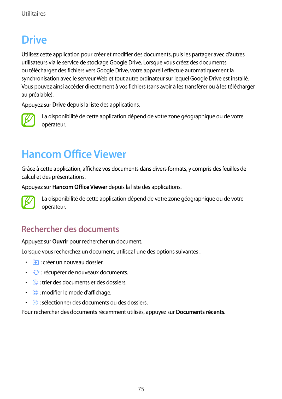 Samsung SM-T330NZWAXEF manual Drive, Hancom Office Viewer, Rechercher des documents 