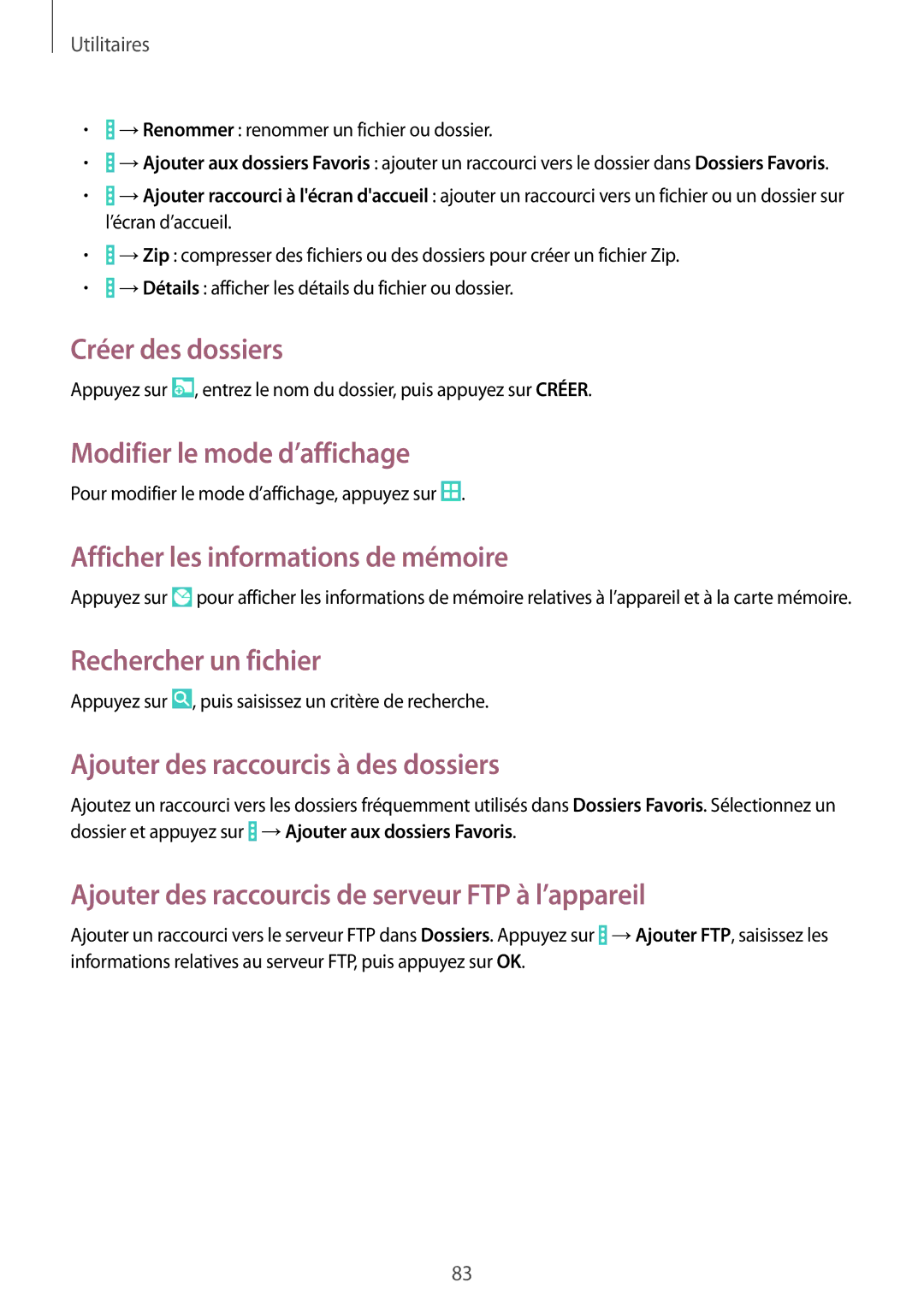 Samsung SM-T330NZWAXEF manual Créer des dossiers, Modifier le mode d’affichage, Afficher les informations de mémoire 