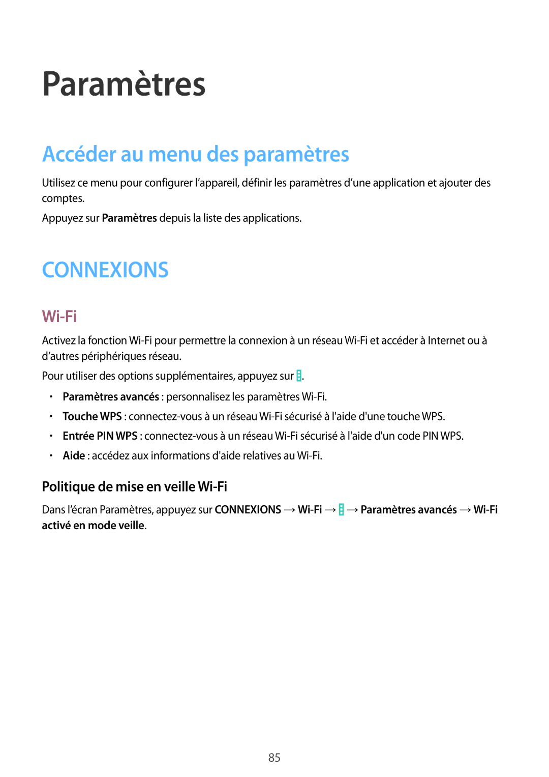 Samsung SM-T330NZWAXEF manual Paramètres, Accéder au menu des paramètres, Politique de mise en veille Wi-Fi 