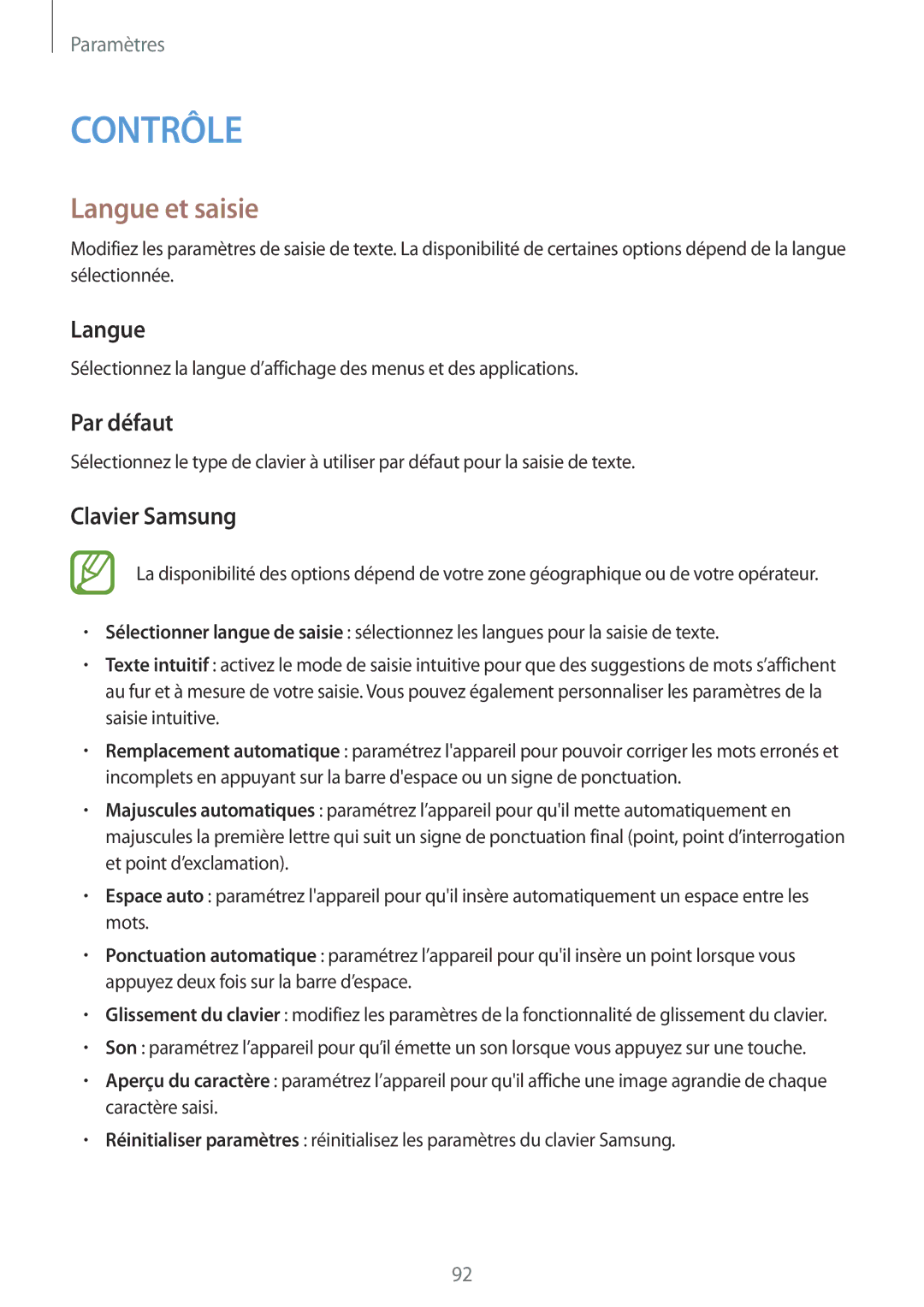 Samsung SM-T330NZWAXEF manual Langue et saisie, Par défaut, Clavier Samsung 