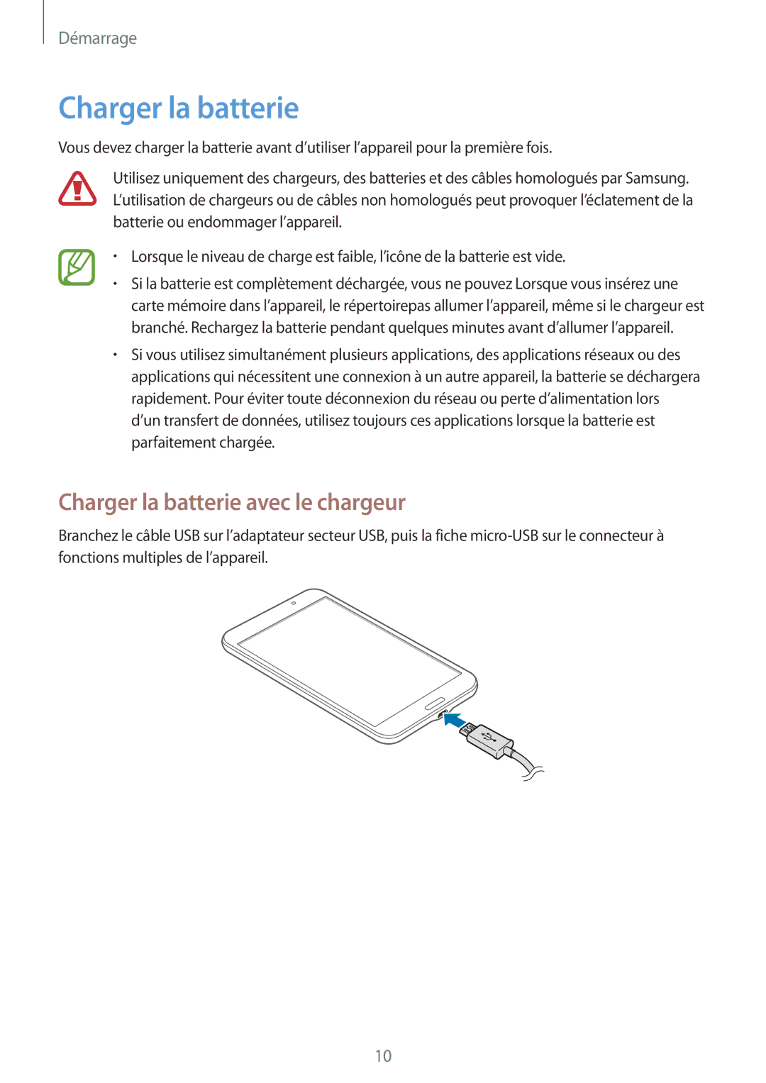 Samsung SM-T330NZWAXEF manual Charger la batterie avec le chargeur 