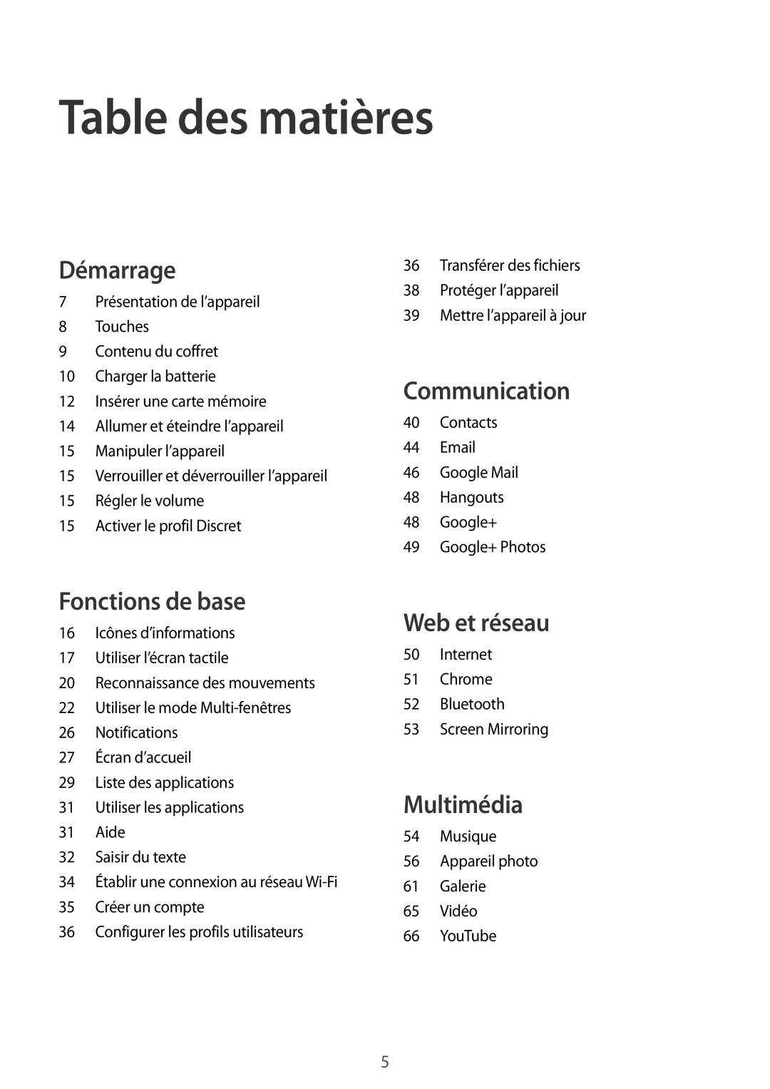 Samsung SM-T330NZWAXEF manual Table des matières, Démarrage 