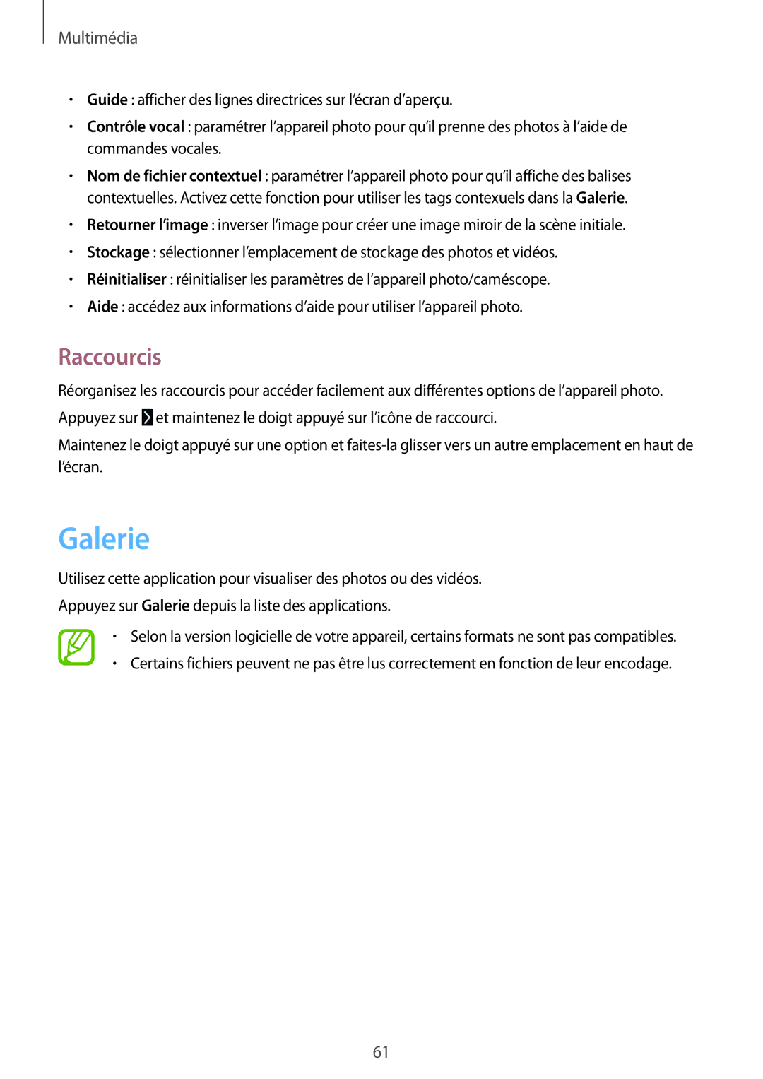 Samsung SM-T330NZWAXEF manual Galerie, Raccourcis 