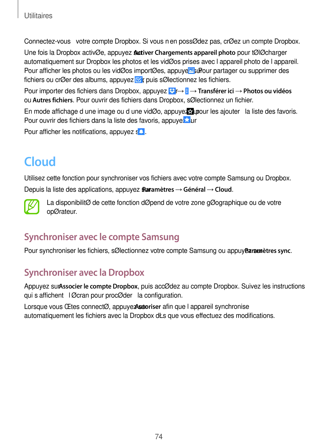 Samsung SM-T330NZWAXEF manual Cloud, Synchroniser avec le compte Samsung, Synchroniser avec la Dropbox 