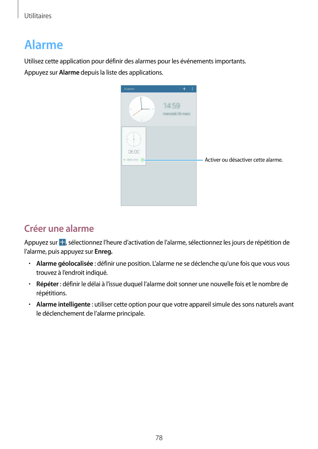 Samsung SM-T330NZWAXEF manual Alarme, Créer une alarme 