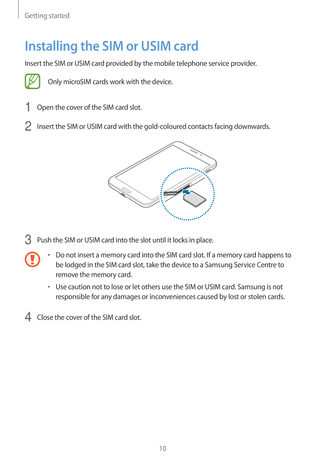 Samsung SM-T331NYKAKSA, SM-T331NYKAXXV, SM-T331NZWAXXV, SM-T331NYKASER, SM-T331NZWASER manual Installing the SIM or Usim card 