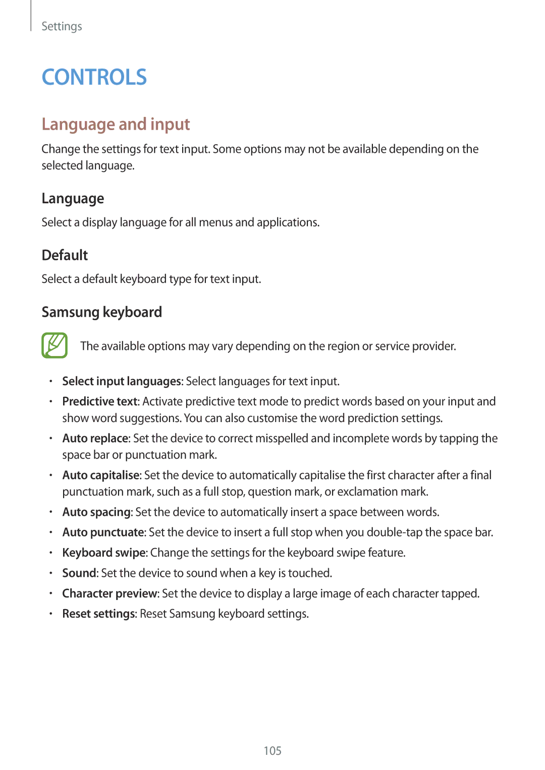 Samsung SM-T331NYKAKSA, SM-T331NYKAXXV, SM-T331NZWAXXV, SM-T331NYKASER manual Language and input, Default, Samsung keyboard 