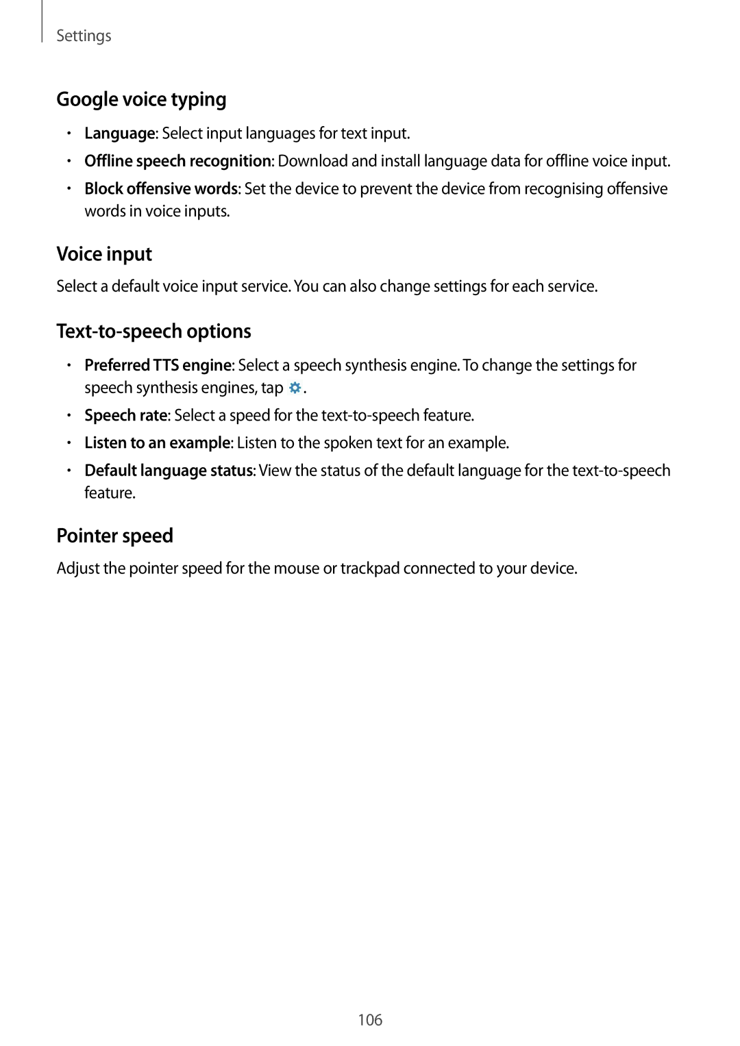 Samsung SM-T331NYKAXXV, SM-T331NYKAKSA manual Google voice typing, Voice input, Text-to-speech options, Pointer speed 