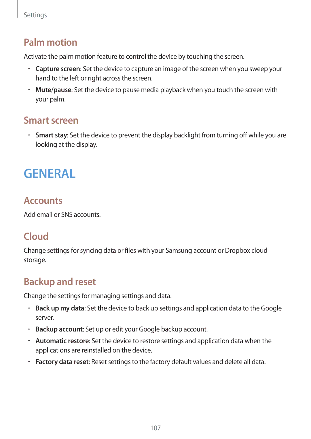 Samsung SM-T331NZWAXXV, SM-T331NYKAKSA, SM-T331NYKAXXV manual Palm motion, Smart screen, Accounts, Cloud, Backup and reset 