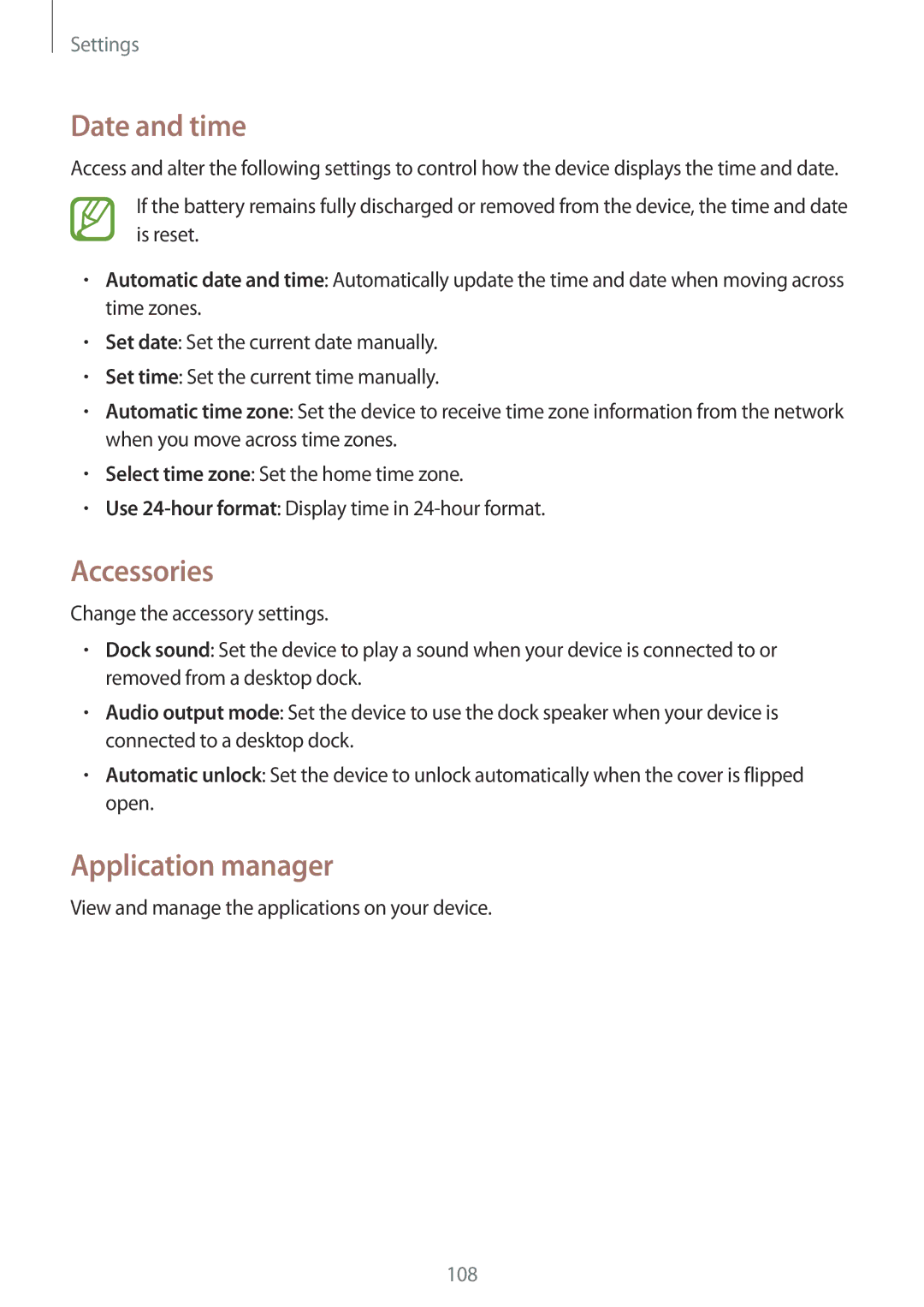 Samsung SM-T331NYKASER, SM-T331NYKAKSA, SM-T331NYKAXXV, SM-T331NZWAXXV manual Date and time, Accessories, Application manager 