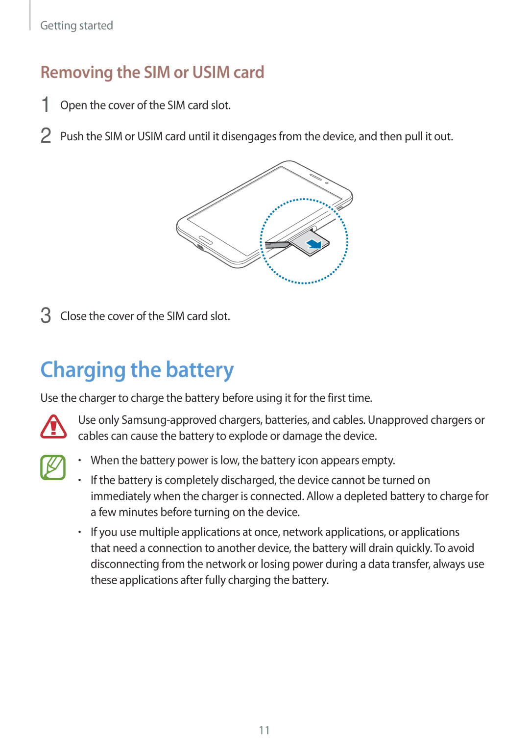 Samsung SM-T331NYKAXXV, SM-T331NYKAKSA, SM-T331NZWAXXV, SM-T331NYKASER Charging the battery, Removing the SIM or Usim card 