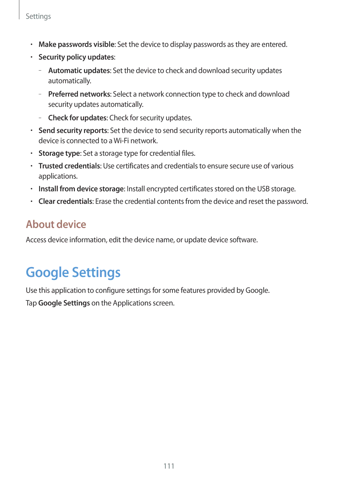 Samsung SM-T331NYKAXXV, SM-T331NYKAKSA, SM-T331NZWAXXV manual Google Settings, About device, Security policy updates 