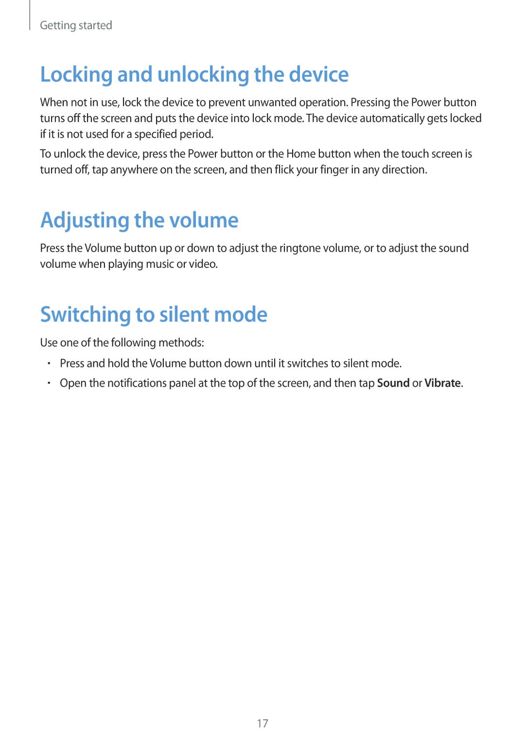 Samsung SM-T331NZWAXXV, SM-T331NYKAKSA Locking and unlocking the device, Adjusting the volume, Switching to silent mode 