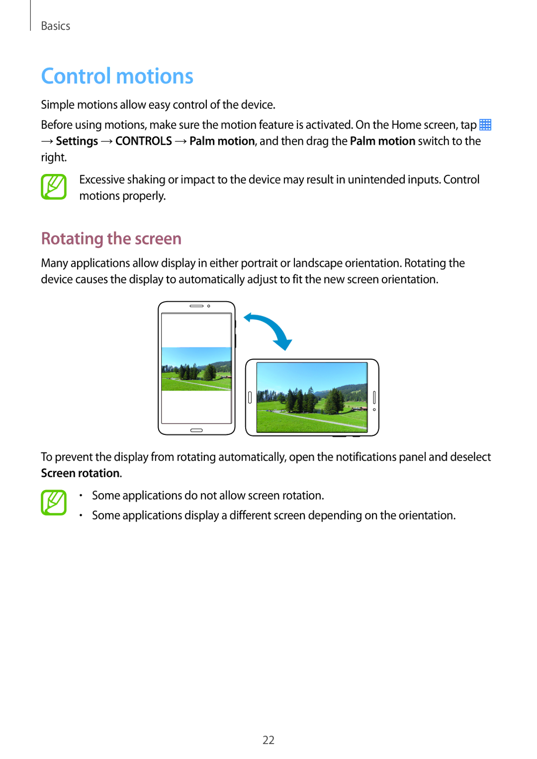 Samsung SM-T331NZWAXXV, SM-T331NYKAKSA, SM-T331NYKAXXV, SM-T331NYKASER, SM-T331NZWASER Control motions, Rotating the screen 
