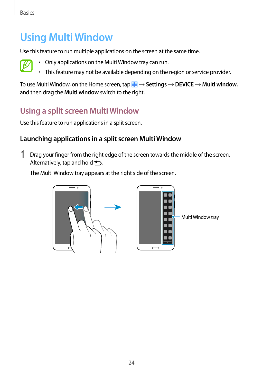 Samsung SM-T331NZWASER, SM-T331NYKAKSA, SM-T331NYKAXXV, SM-T331NZWAXXV Using Multi Window, Using a split screen Multi Window 