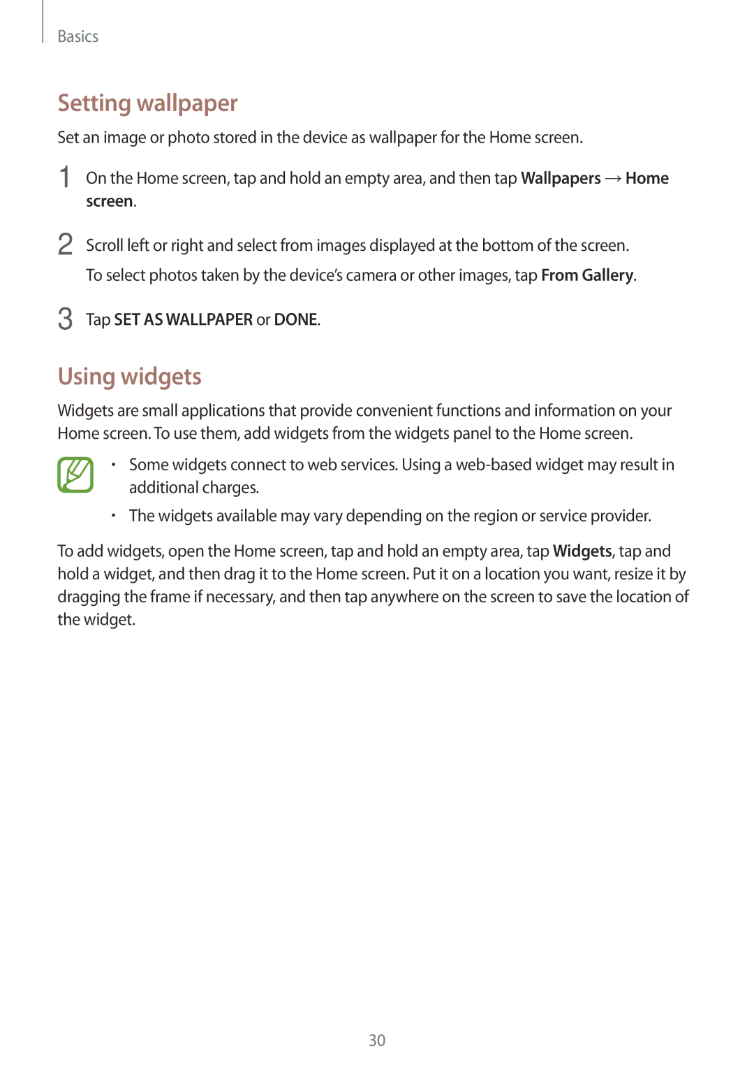 Samsung SM-T331NYKAKSA, SM-T331NYKAXXV, SM-T331NZWAXXV manual Setting wallpaper, Using widgets, Tap SET AS Wallpaper or Done 